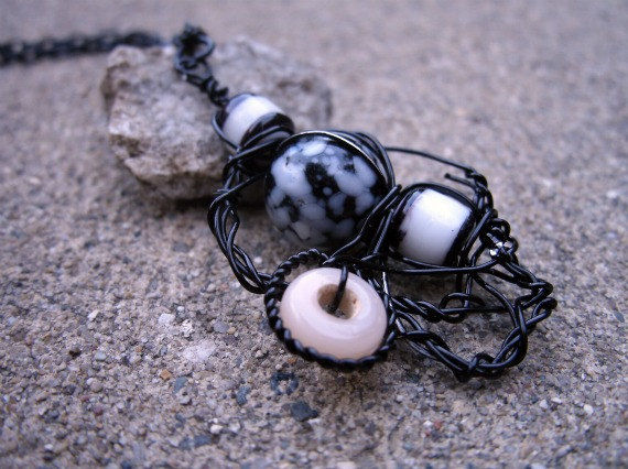 Freeform Wire Wrapped Black and White Beaded Necklace - product images  of 