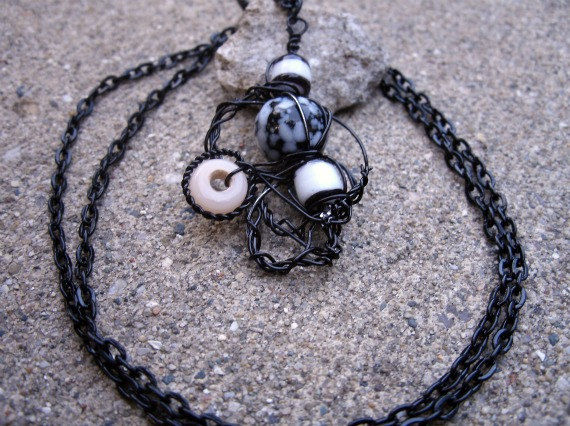 Freeform Wire Wrapped Black and White Beaded Necklace - product images  of 