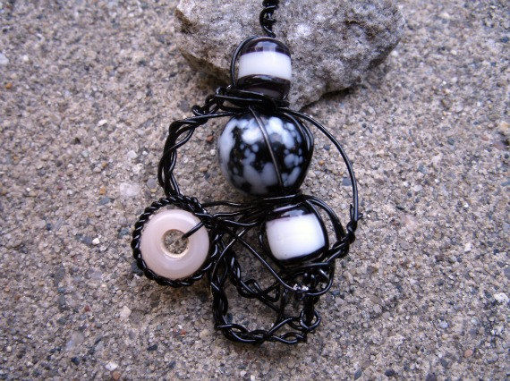 Freeform Wire Wrapped Black and White Beaded Necklace - product images  of 