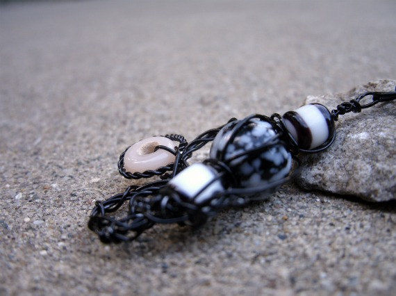 Freeform Wire Wrapped Black and White Beaded Necklace - product images  of 