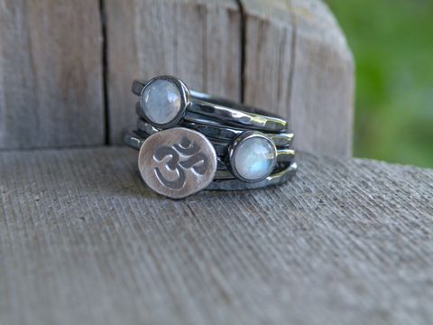 Rainbow,Moonstone,Ohm,Stacking,Rings,rainbow moonstone stacking rings, stacking rings, rainbow moonstone, moonstone stacking rings, moonstone and om ring, om ring, om, om rainbow moonstone ring, sterling silver, handmade stacking rings,zen