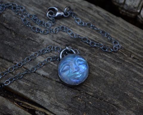 Man,in,the,MoonStone,Necklace,man in the moonstone necklace, man in the moonstone, man in the rainbow moonstone, rainbow moonstone, moonstone, sterling silver, rainbow moonstone necklace, handmade rainbow moonstone necklace, celestial, silver, carved moonstone