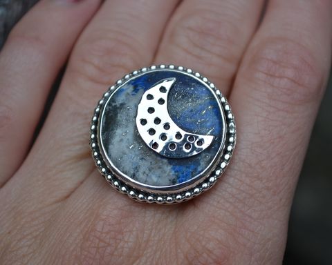 Lapis,Moon,Ring,Size,6.75,lapis moon ring, lapis ring, lapis, lapis lazuli, handmade lapis ring, statement ring, statement lapis ring, silver, sterling silver, size 6.75, moon, moon ring