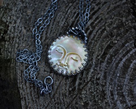 Mother,Of,Pearl,Man,in,Moon,Small,Necklace,mother of pearl, mother of pearl man in moon, mother of pearl man in moon necklace, man in moon necklace, moon necklace, sterling silver, moon, moon face necklace.