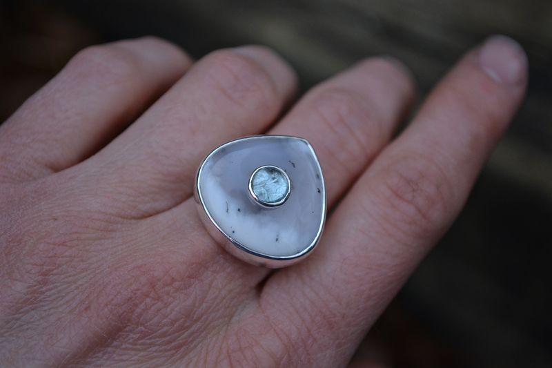 Dendritic Agate and Aquamarine Stone on Stone Ring Size 8.5-8.75 - product images  of 