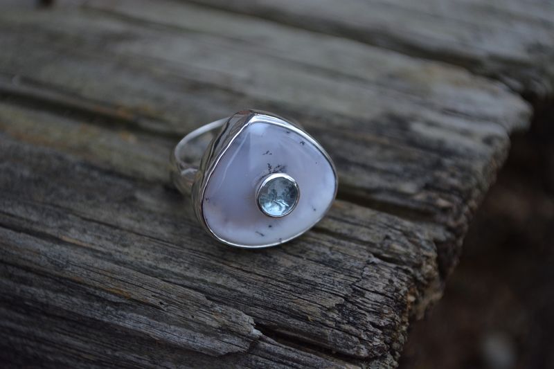Dendritic Agate and Aquamarine Stone on Stone Ring Size 8.5-8.75 - product images  of 