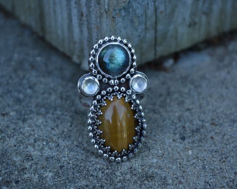 Labradorite,Tigers,Eye,Ring,Size,8.25-8.5,labradorite, labradorite and tigers eye ring, labradorite and tigers eye, tigers eye, sterling silver, multistage ring, multi gemstone ring, multi gemstone, statement ring, 