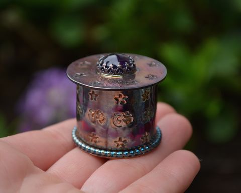 Om,Trinket,Box,trinket box, handmade trinket box, copper trinket box, sterling silver trinket box, copper and sterling trinket box, amethyst trinket box, amethyst, copper, sterling silver, trinket, jewelry box