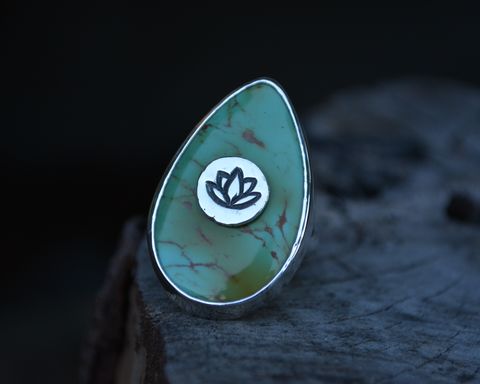Turquoise,Lotus,Ring,Size,7.5,turquoise ring, turquoise, kingman turquoise ring, stone on stone ring, lotus turquoise ring, lotus ring, lotus, lotus flower ring, handmade turquoise ring, sterling silver, silver turquoise ring, 