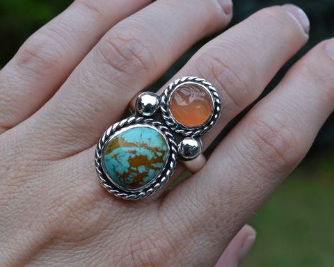 Man,in,Moonstone,and,Turquoise,Ring,Size,9.5,man in moonstone ring, turquoise ring, moonstone turquoise ring, turquoise moonstone ring, moonstone ring, moonstone, peach moonstone, kingman turquoise, turquoise, green turquoise ring, blue turquoise ring, sterling silver, silver turquoise moonstone rin