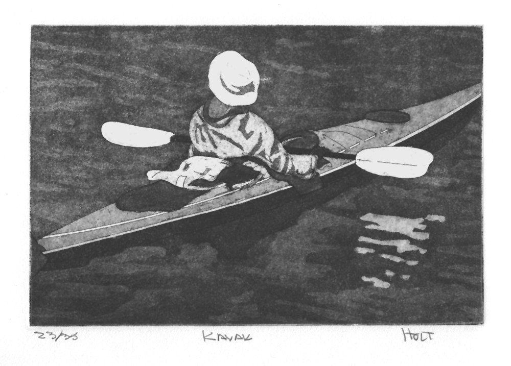Original etching aquatint intaglio with figure in kayak William Lee
