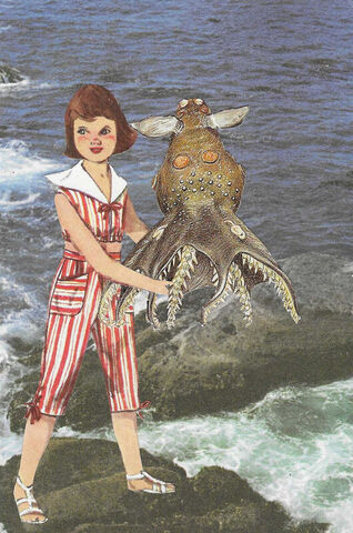 Original,Collage,Art,-,Beach,Girl,Sea,Creature,Artwork,original collage, vintage beach girl paper collage, strange sea creature surreal artwork, 4x6 whimsical ocean decor, unique coastal mystery gift, handmade surrealism