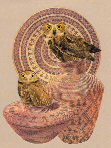 Original,Collage,Art,-,Southwestern,Owls,Artwork,original collage, owl birds paper collage, original southwestern basket surreal artwork, 6x8 whimsical desert decor, unique wildlife gift, handmade surrealism