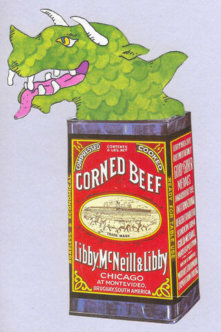 Original,Collage,Art,-,Corned,Beef,Creature,Artwork,original collage, green dragon corned beef paper collage, canned meat surreal artwork, vintage food, unique funny foodie gift, handmade collage art