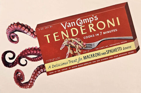 Original,Collage,Art,-,Tentacle,Pasta,Artwork,original collage, octopus tentacle pasta paper collage, retro food box surreal artwork, vintage kitchen decor, unique funny foodie gift, handmade collage art