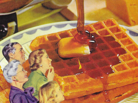Original,Collage,Art,-,The,Waffle,Watchers,Artwork,original collage, waffle watchers family paper collage, pouring syrup surreal artwork, vintage breakfast decor, unique funny kitchen gift, handmade collage art