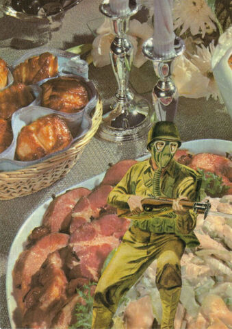 Original,Collage,Art,-,Dinner,Party,Defense,Artwork,original collage, soldier gas mask food table paper collage, surreal artwork, unique funny military buff gift, handmade collage art