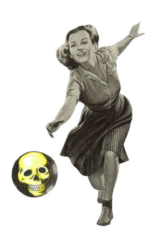 Original,Collage,Art,-,Spare,No,One,Artwork,original collage, woman bowling human skull paper collage, spare no one gothic sports surreal artwork, macabre design, unique funny bowler gift, handmade collage art