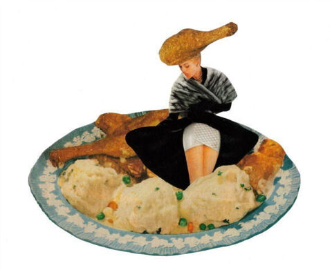 Original,Collage,Art,-,The,Blue-plate,Special,Artwork,original collage, woman fried chicken mashed potatoes paper collage, blue plate special funny food surreal artwork, retro undergarments, unique kitchen humor gift, handmade collage art