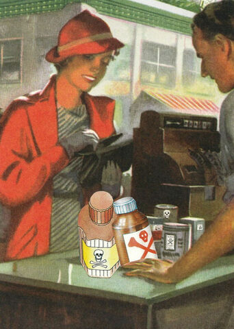 Original,Collage,Art,-,Toxic,Shopping,Spree,Artwork,original collage, vintage grocery store poison paper collage, toxic shopping spree dark humor artwork, unique funny hostess gift, handmade collage art