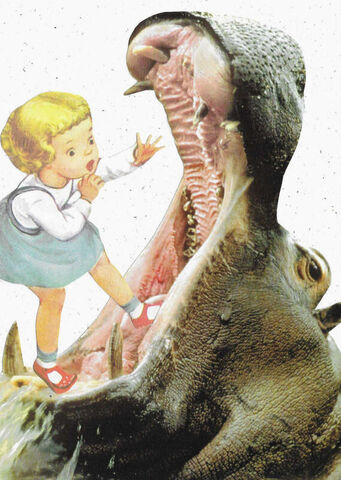 Original,Collage,Art,-,What,Big,Teeth,You,Have,Artwork,original collage, girl standing in hippo open mouth paper collage, what big teeth you have surreal animal artwork, unique funny wildlife humor gift, handmade collage art
