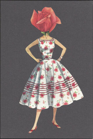 Original,Collage,Art,-,Rosy,Outlook,Artwork,original collage, rose head woman floral dress collage, rosy outlook cottagecore botanical artwork, vintage clothing decor, unique botanical lover gift, handmade collage art