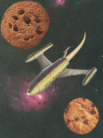 Original,Collage,Art,-,Space,Snack,Artwork,original collage, retro spaceship chocolate chip cookies paper collage, space snack cosmic dessert surreal artwork, sci-fi galaxy decor, unique funny bakery gift, handmade collage art