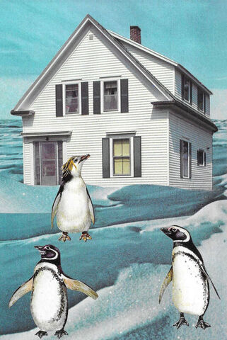 Penguin,House,,Original,Collage,original collage, house in ice arctic penguins paper collage, sub zero suburbia funny frozen landscape artwork, handmade collage art