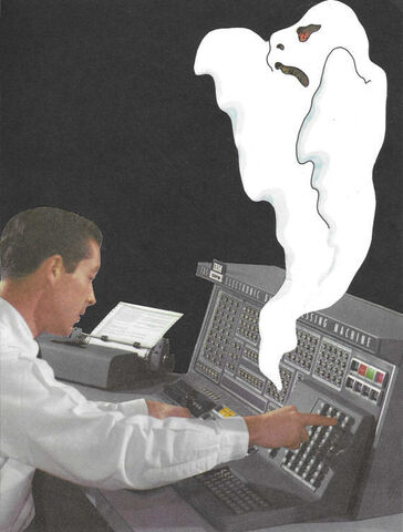 Original,Collage,Art,-,The,Ghost,in,the,Machine,Artwork,original collage, man retro processing computer ghost paper collage, ghost in the machine funny vintage tech artwork, unique programmer humor gift, handmade collage art