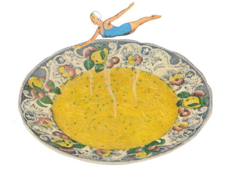 Original,Collage,Art,-,Soup,of,the,Day,Artwork,original collage, woman diving into bowl of soup paper collage, soup of the day funny vintage artwork, diner kitchen decor, unique foodie humor gift, handmade collage art
