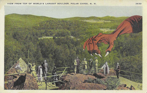 Original,Collage,Art,-,The,Ultimate,View,Artwork,original collage, retro tourist scenic overlook monster hand postcard collage, the ultimate view funny pulp horror artwork, altered vintage travel souvenir, unique sightseer humor gift, handmade collage art
