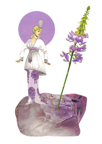 Purple,Flowers,and,Crystal,Amethyst,,Original,Collage,Original Paper Collage Art, purple flower wall decor, crystal amethyst paper collage, floral art, 6x8, surrealism artwork, unusual art gift