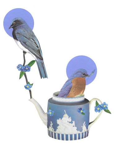 Original,Collage,Art,-,Blue,Birds,and,Teapot,blue flower artwork, colorful bird on branch collage, botanical paper art, blue floral wall decor, original collage art, one of a kind bird art, teapot art
