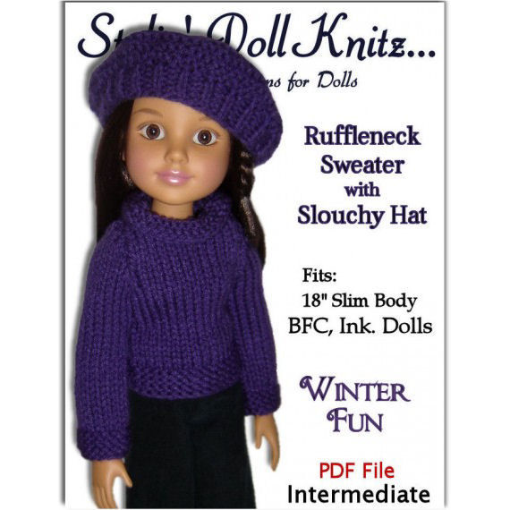 Knitting Pattern. Fits BFC, Ink Doll. 18" slim doll, Sweater and Slouchy Hat  704 - product images  of 