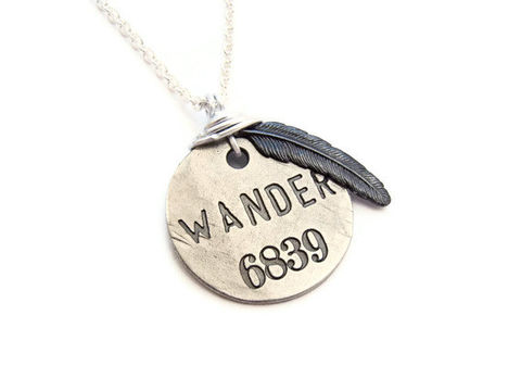 Wanderlust,Black,Feather,Stamped,Necklace,wanderlust, wander, wanderer, stamped, black, silver, feather, patina, for her, gift, theartisangroup