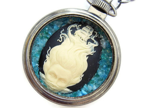 Nautical,Dreamer,Sea,Nymph,Necklace,Clipper,Ship,Cameo,wanderlust, wanderer, sea nymph, goddess, cameo, clipper ship, nautical, pocketwatch, blue, caribbean, gunmetal