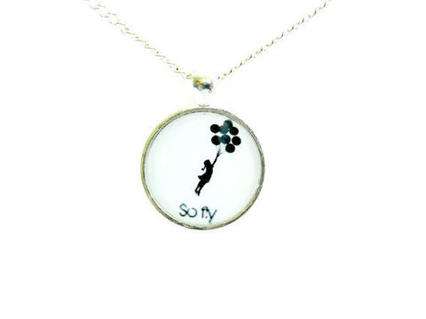 Banksy,Balloon,Girl,So,Fly,Necklace,celebrity, theartisangroup, banksy, balloongirl, whimsical, black and white, silhouette, for her, gift idea, necklace, so fly
