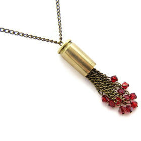 Red,Swarovski,Crystal,Bullet,Necklace,gift, for her, blood red, red, swarovski crystal, bicone, bronze, brass, bullet, 9mm, gun, vampire, steampunk, gothic, dark, romantic