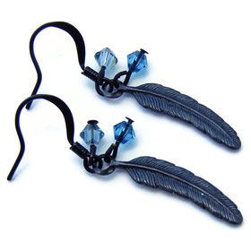 Black,Feather,Swarovski,Crystal,Earrings,earring, black, blue, caribbean blue, native american, natural, nature, bird, feather, fly, gift, theartisangroup, swarovski crystal, romantic, dramatic, jewelry