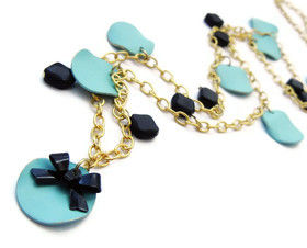 Romantic,Turquoise,Gold,Black,Necklace,Petite,Whimsical,Bow,fashion jewelry, romantic necklace, gold, turquoise, black, bow, statement necklace, gift, for her, fashion, gold turquoise