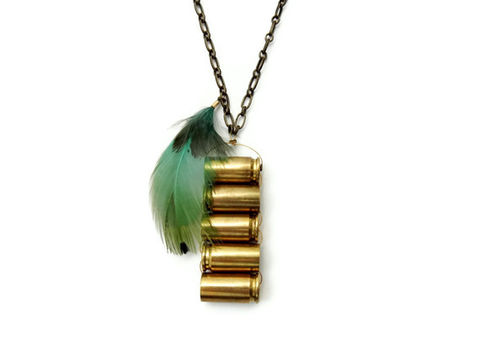 Blue,Feather,Bullet,Necklace,gift, for her, bullet casing, 9mm, bullet necklace, gun necklace, feather, feather necklace, blue, blue feather, statement necklace, edgy necklace, rocker necklace, rock and roll
