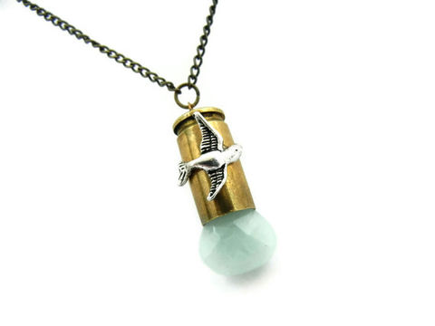 Seafoam,Blue,Chalcedony,Bird,Bullet,Necklace,handmade necklace, gemstone necklace, chalcedony necklace, for her, gift, bird, seafoam blue, green blue, bronze, jewelry, handmade jewelry, silver, bird necklace