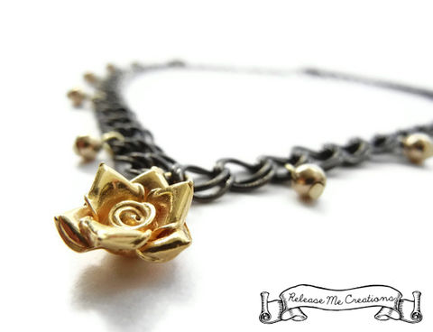 Gunmetal,14k,Gold,Beaded,Rose,Necklace,gunmetal, 14k gold necklace, 14k gold, 14k gold rose,  gunmetal gold, for her, necklace, jewelry, edgy, rocker
