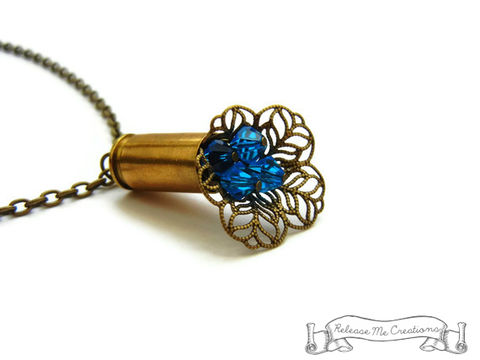Blue,Swarovski,Blooming,Bullet,Necklace,bullet casing necklace, bullet necklace, swarovski crystal necklace, blue crystals, for her, jewelry for her, necklace for her, gift for her
