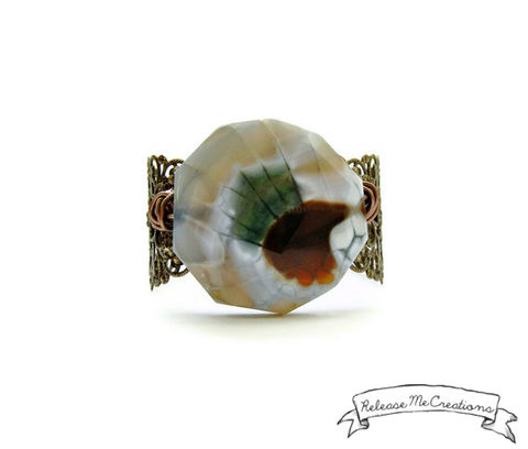 Fire,Dragon,Agate,Filigree,Cuff,gemstone bracelet, cuff, bracelet, filigree cuff, fire dragon agate, fire agate, gray, blue, green, orange, red, jewelry, release me creations, for her, cuff for her