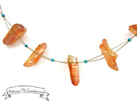 Tangerine,Blue,Waves,Illusion,Gemstone,Necklace,tangerine aura quartz, aura quartz, necklace, jewelry, for her, tangerin aura quartz necklace, aura quartz necklace, gemstone jewelry, gemstone necklace, healing tangerine aura quartz, healing jewelry, healing gemstone necklace, release me creations