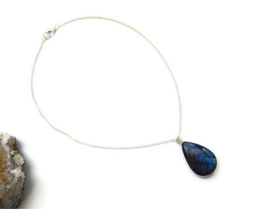 RESERVED: Blue Flash Pink Labradorite Teardrop Necklace - product image  