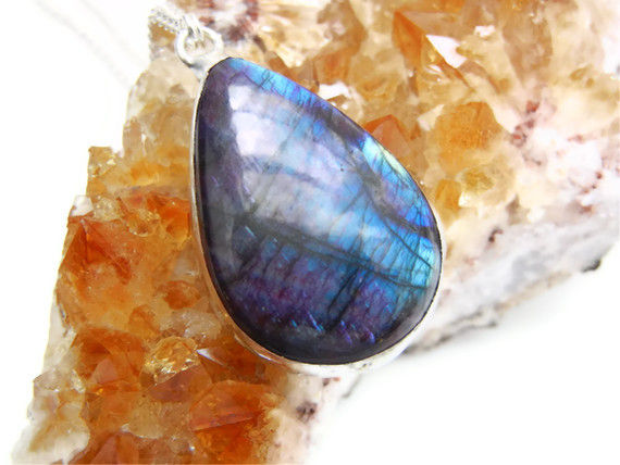 RESERVED: Blue Flash Pink Labradorite Teardrop Necklace - product image  