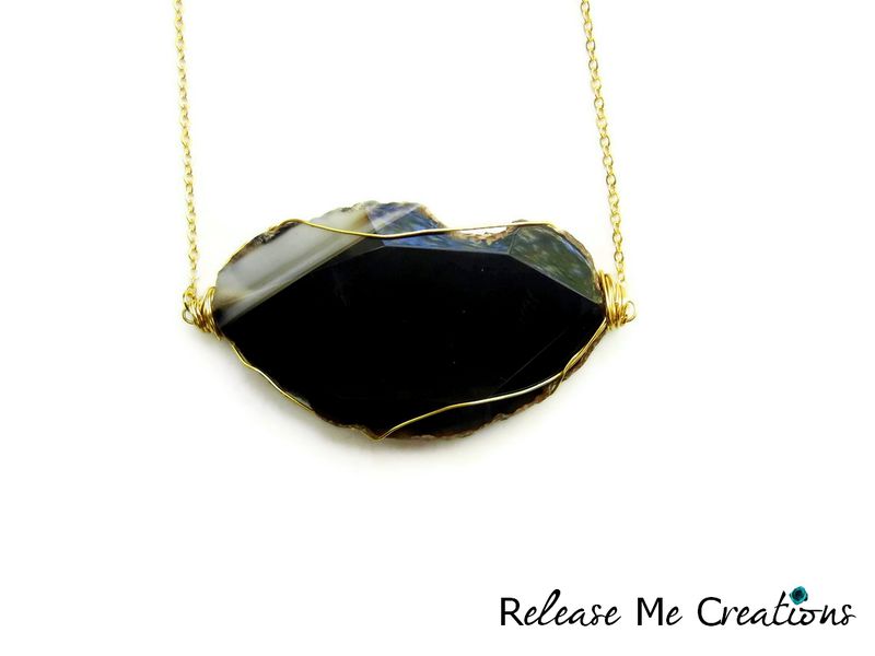 Black Agate Gold Wire Caged Gemstone Necklace - product image  
