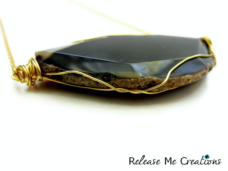 Black Agate Gold Wire Caged Gemstone Necklace - product image  